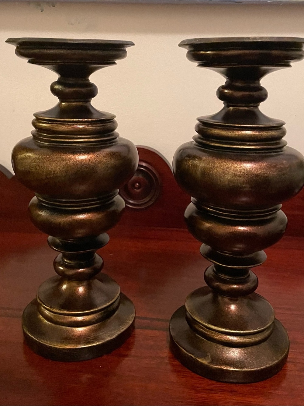Ornate Pillar Candlestick Holders Pair in Bronze